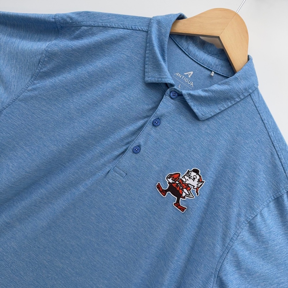 Antigua Polo Shirt Mens Large Blue Cleveland Browns Brownie Mascot Short Sleeve